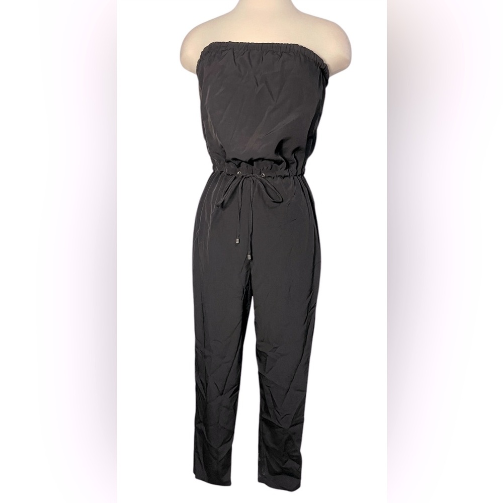Studio Y Black Strapless Jumpsuit Drawstring Waist Satin Nylon Material~ X-Small